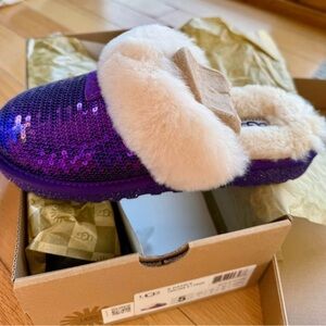 UGG Big Kids Purple Sequin Slippers with Fur Trim